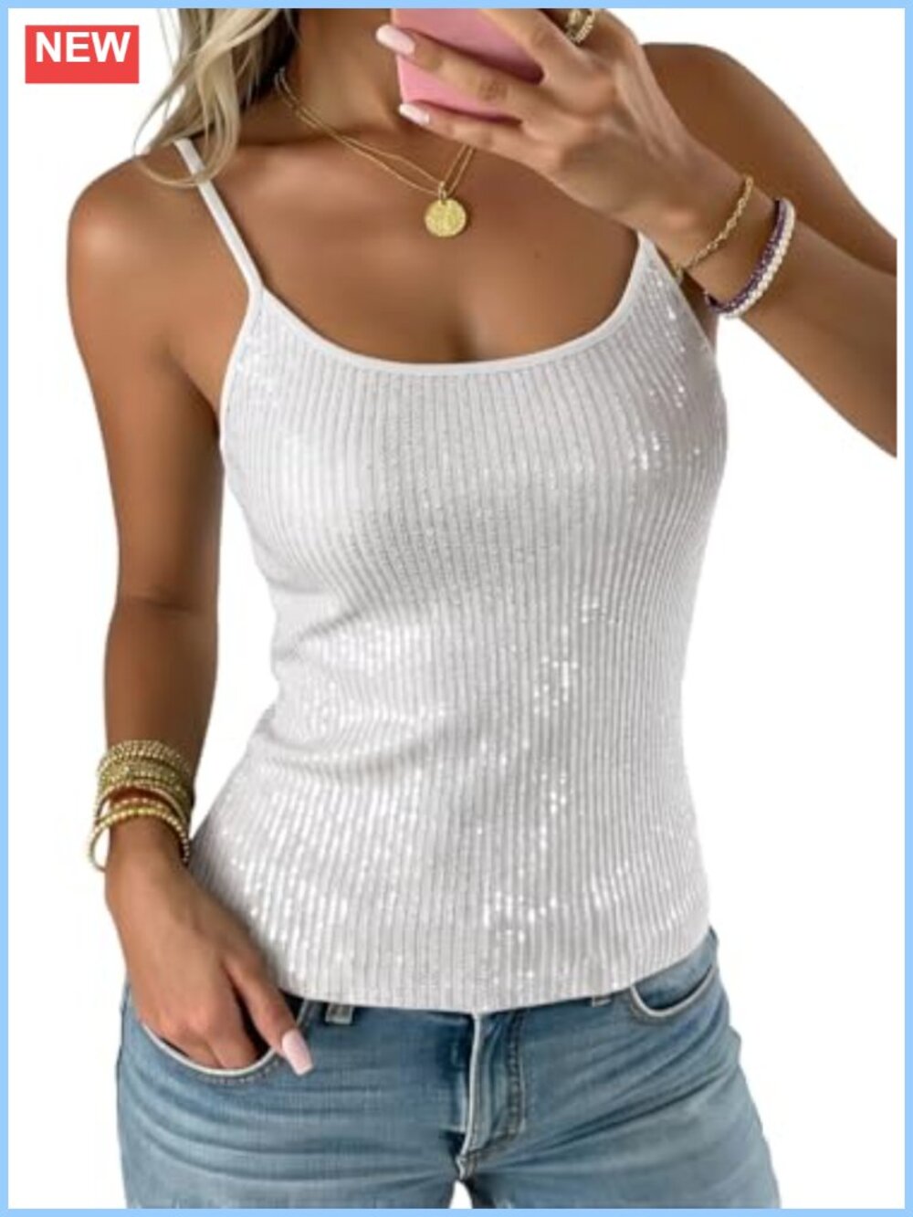 Sequin Tank Top Sparkly Camisole Slim Fit Club Night Party Shirt